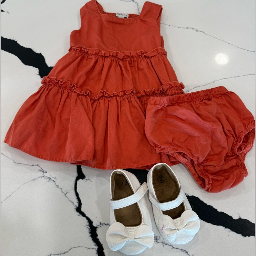 Orange habitual kids Ruffle Dress Set with White Shoes